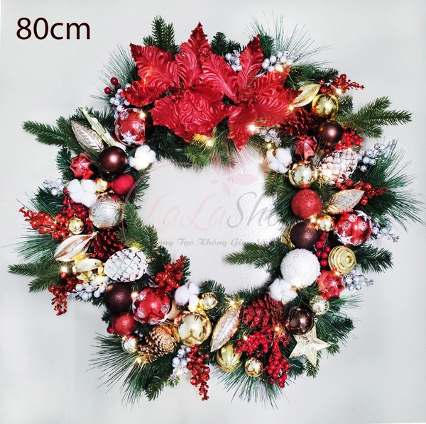 Vòng nguyệt quế 80cm trang trí noel quả châu hoa trạng nguyên treo cửa kèm đèn led