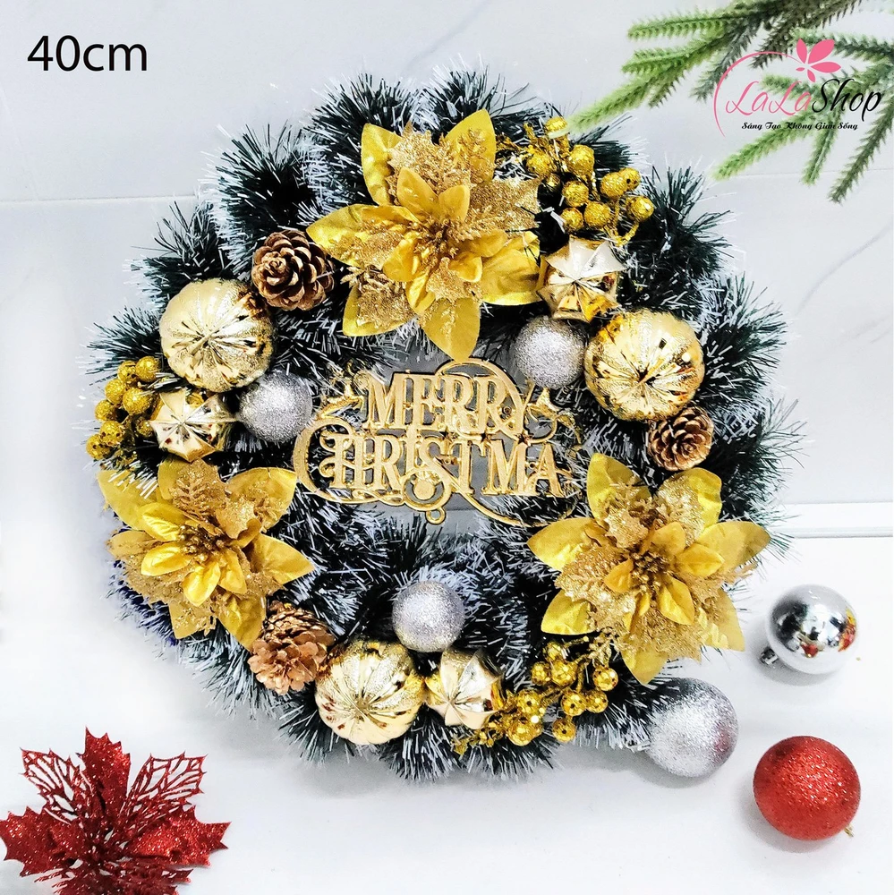 Vòng nguyệt quế phủ tuyết sắc vàng trang trí noel