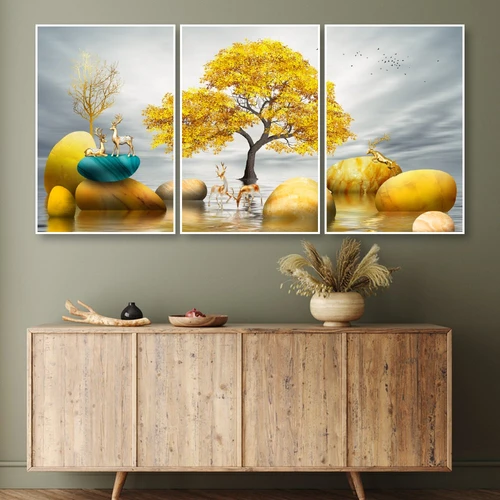 Bộ 3 tấm tranh treo tường hươu vàng bên dòng suối