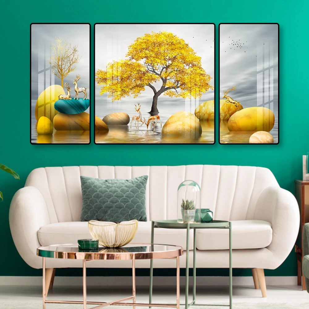 Bộ 3 tranh treo tường hươu vàng bên dòng suối mẫu 2