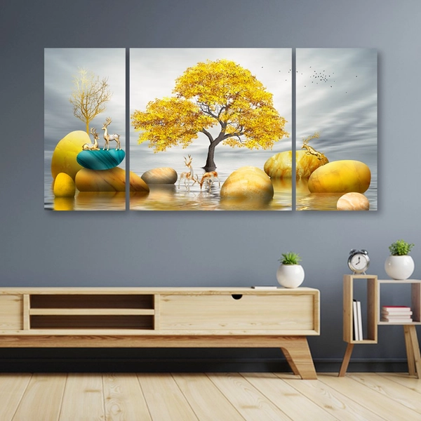 Bộ 3 tranh treo tường hươu vàng bên dòng suối mẫu 2