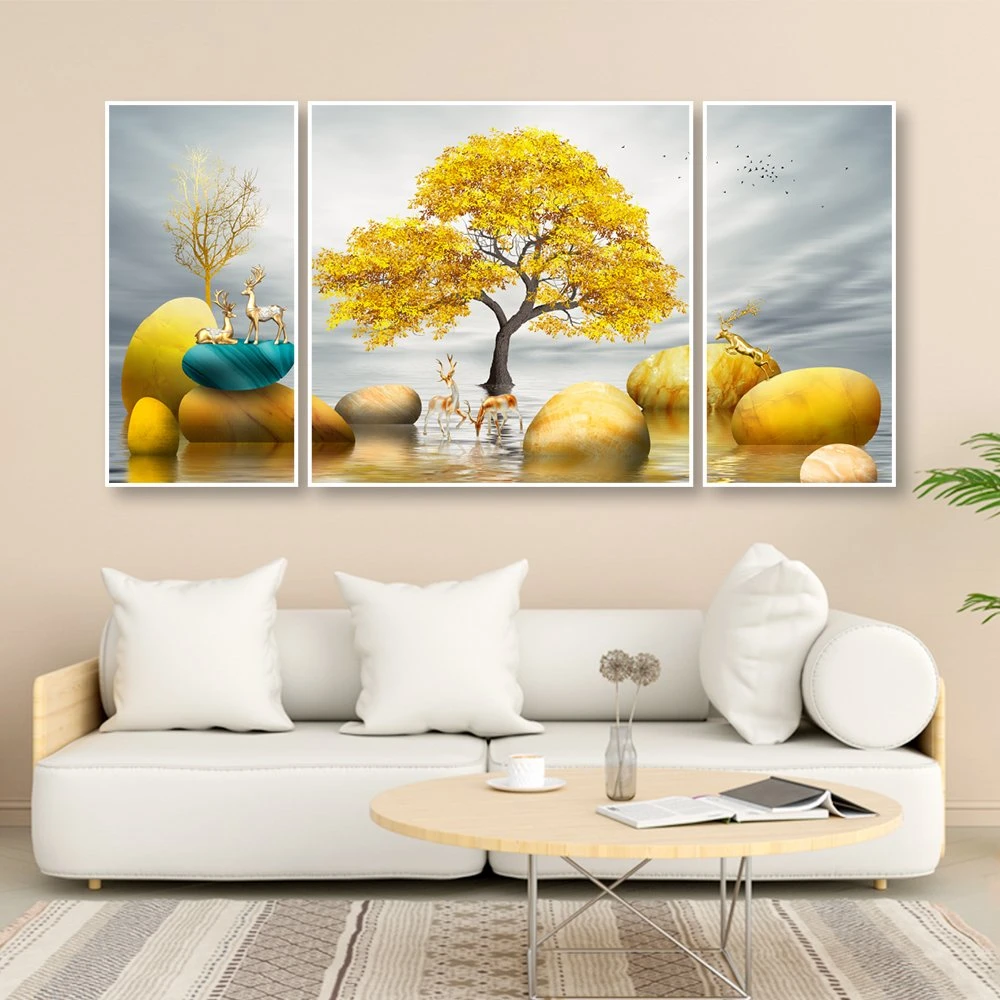 Bộ 3 tranh treo tường hươu vàng bên dòng suối mẫu 2