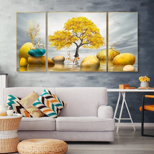 Bộ 3 tranh treo tường hươu vàng bên dòng suối mẫu 2