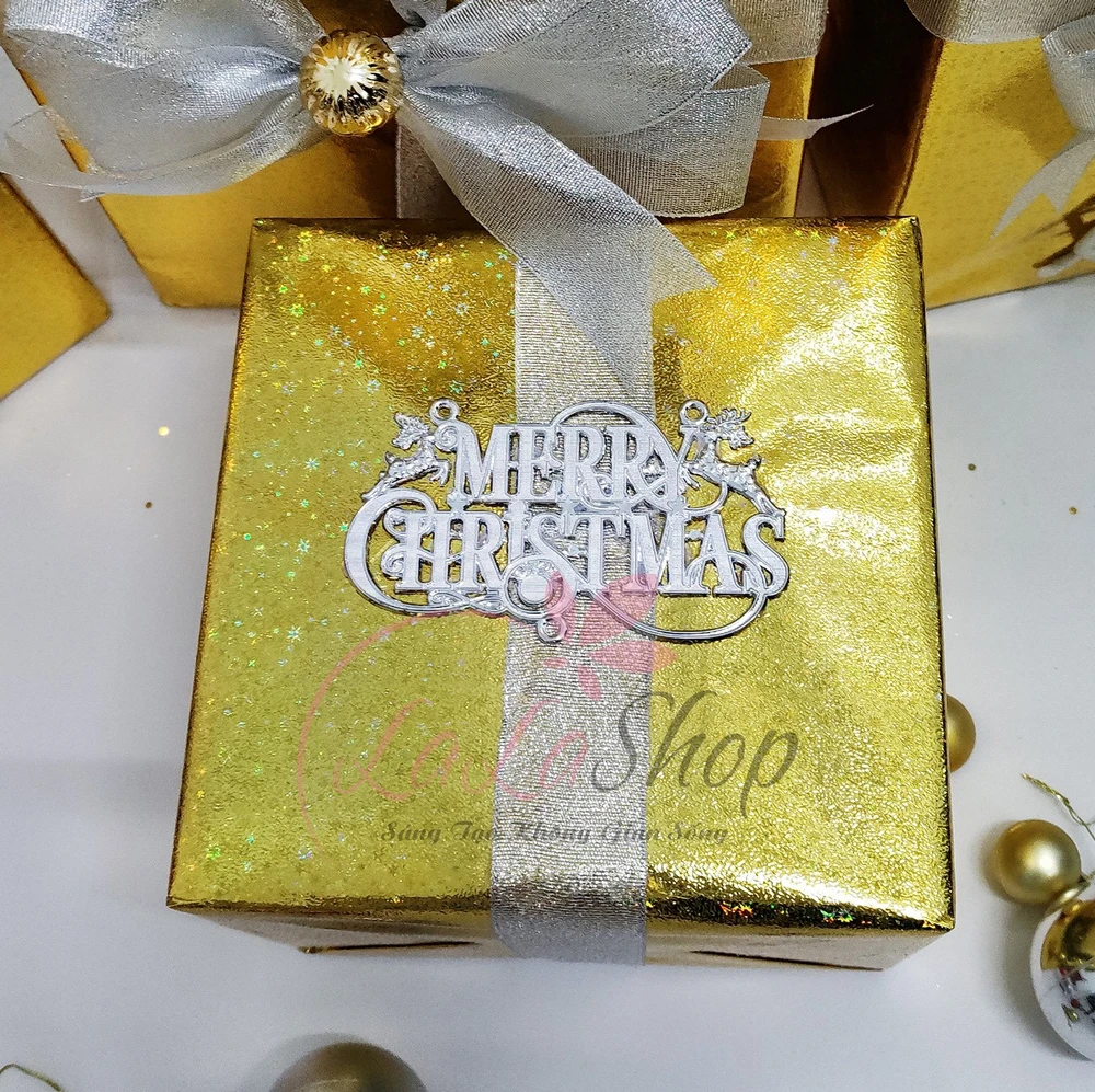 Set 5 hộp quà giáng sinh vàng họa tiết nơ trắng trang trí cây thông noel làm quà tặng