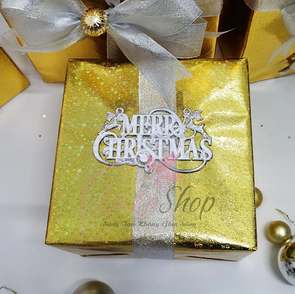 Set 5 hộp quà giáng sinh vàng họa tiết nơ trắng trang trí cây thông noel làm quà tặng
