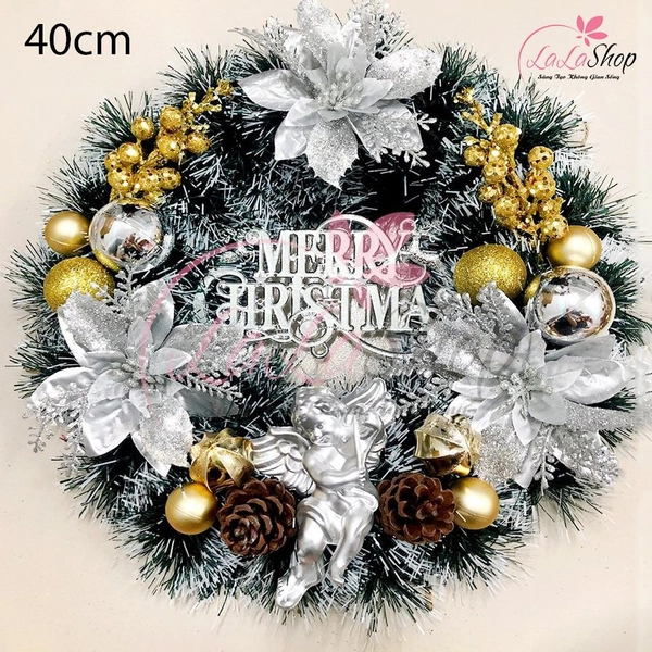 Vòng Nguyệt Quế 40cm Trang Trí Giáng Sinh Vòng Nguyệt Quế Treo Cửa Tặng kèm đèn LED Mẫu 115