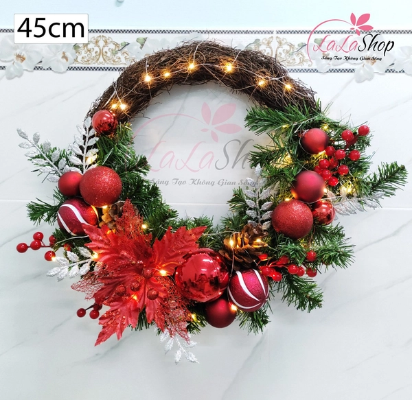 Vòng nguyệt quế 45cm trang trí noel quả châu hoa trạng nguyên sắc đỏ kèm đèn led