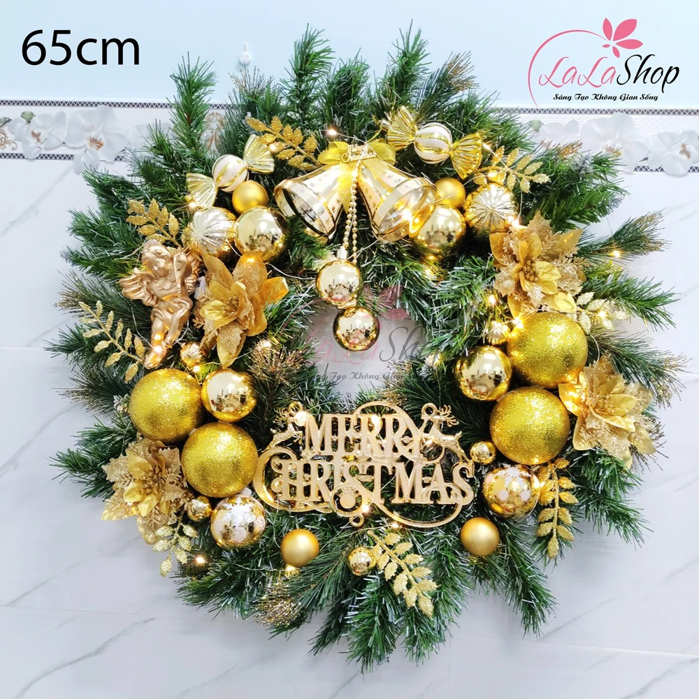 Vòng nguyệt quế 60cm trang trí noel merry Christmas sắc vàng treo cửa kèm đèn led