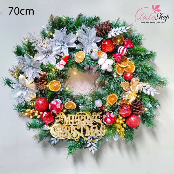 Vòng nguyệt quế 70cm trang trí noel quả châu hoa trạng nguyên rực rỡ cửa kèm đèn led