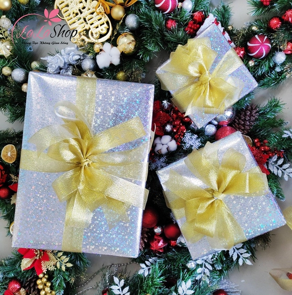 Set 3 Hộp Quà Giáng Sinh Sắc Bạc Nơ Vàng Trang Trí Cây Thông Noel Làm Quà Tặng