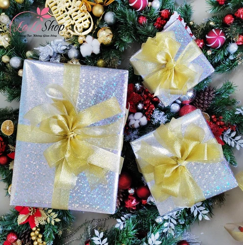 Set 3 Hộp Quà Giáng Sinh Sắc Bạc Nơ VàngTrang Trí Cây Thông Noel Làm Quà Tặng