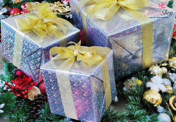 Set 3 Hộp Quà Giáng Sinh Sắc Bạc Nơ Vàng Trang Trí Cây Thông Noel Làm Quà Tặng