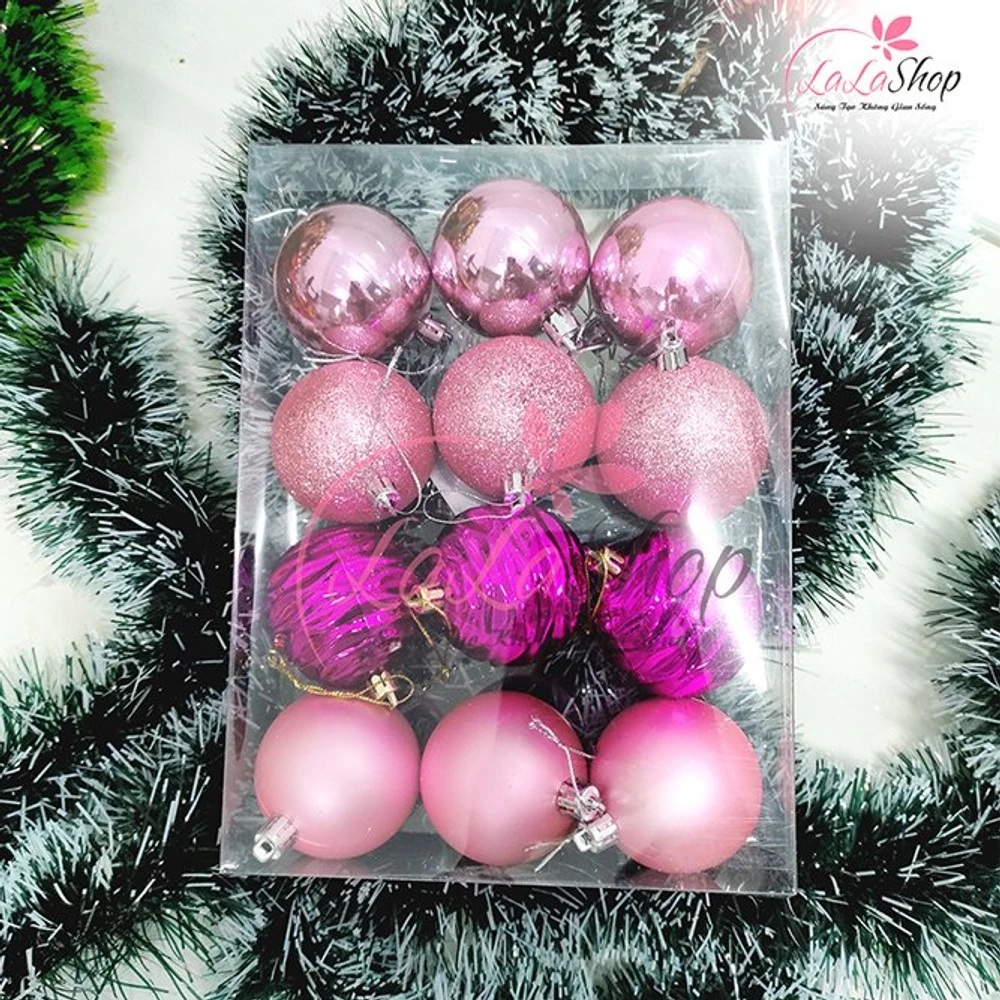 Hộp 12 quả châu hồng trang trí noel