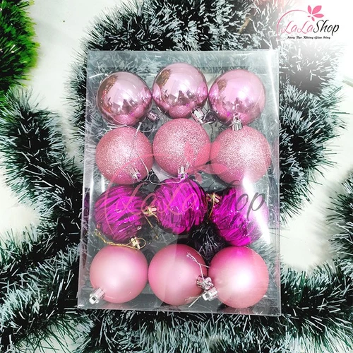 Hộp 12 quả châu hồng trang trí noel