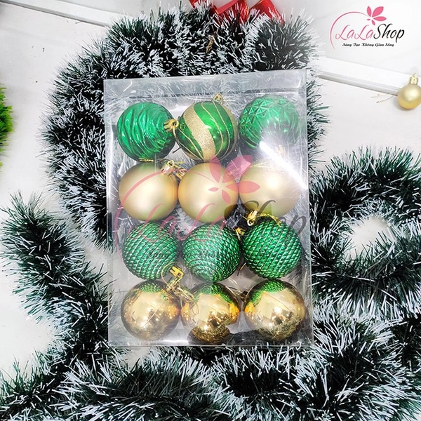 Hộp 12 quả châu 6cm sắc xanh lá họa tiết giáng sinh trang trí noel