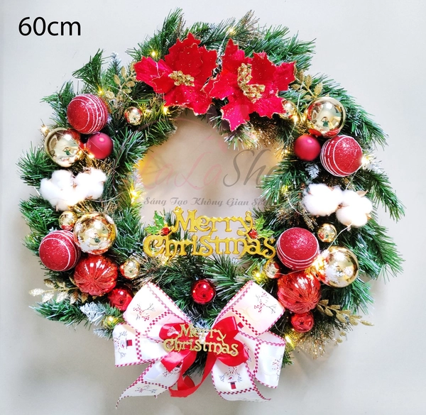 Vòng Nguyệt Quế Treo Cửa 60cm Đủ Phụ Kiện Trang Trí Noel Kèm Đèn Led