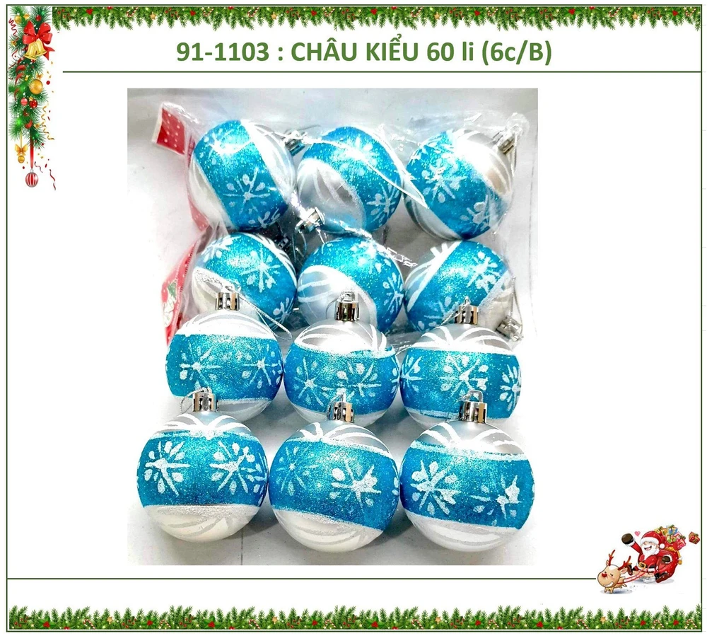 Combo 6 quả châu 6cm xanh bạc trang trí cây thông noel