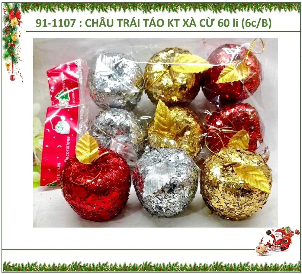 Combo 6 quả châu táo 6cm trang trí cây thông noel