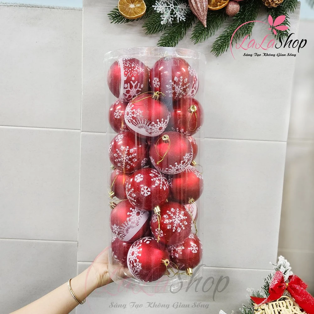 Hộp 24 Quả Châu Màu Đỏ Hoạ Văn Trắng 8cm Trang Trí Noel
