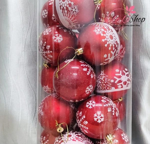 Hộp 24 Quả Châu Màu Đỏ Hoạ Văn Trắng 8cm Trang Trí Noel