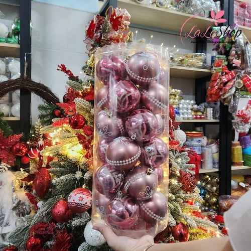 Hộp 24 Quả Châu Màu Hồng 8cm Trang Trí Noel