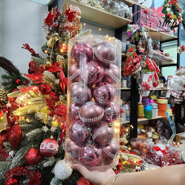 Hộp 24 Quả Châu Màu Hồng 8cm Trang Trí Noel