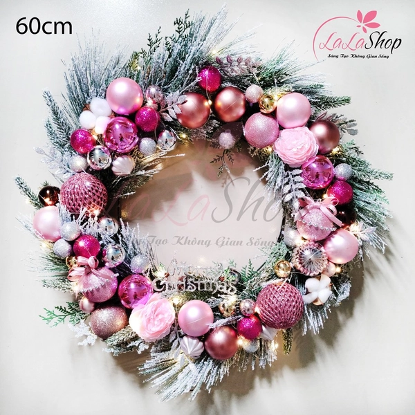 Vòng Nguyệt Quế 60cm Trang Trí Giáng Sinh Merry Christmas Sắc Hồng Kèm Đèn Led