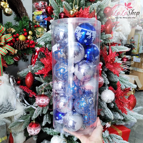 Hộp 24 Quả Châu Màu Xanh Hoa Văn Bạc 8cm Trang Trí Noel