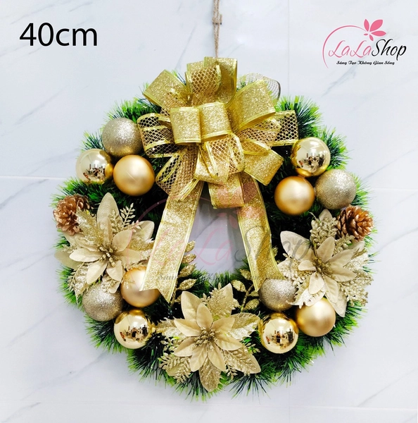 Vòng Nguyệt Quế kèm đèn 40cm Nơ Vàng Trang Trí Noel Kèm Đèn Led