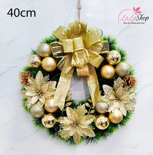 Vòng Nguyệt Quế Treo Cửa 40cm Trang Trí Noel Sắc Vàng Kèm Đèn Led