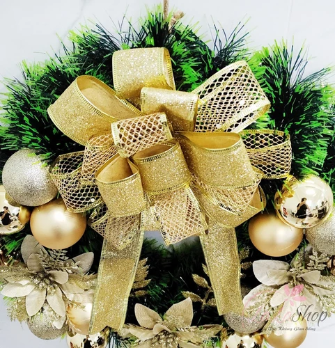 Vòng Nguyệt Quế Treo Cửa 40cm Trang Trí Noel Sắc Vàng Kèm Đèn Led