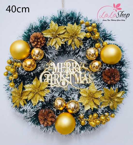 Vòng nguyệt quế treo cửa 40cm trang trí Noel sắc vàng  có đèn led