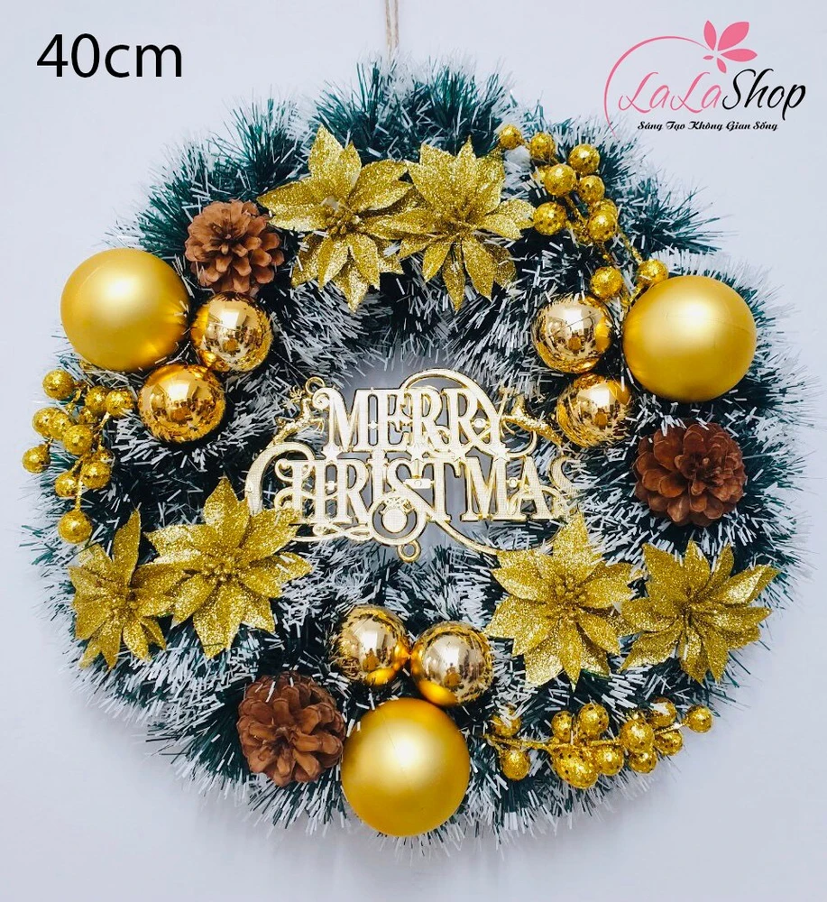 Vòng nguyệt quế treo cửa 40cm trang trí Noel sắc vàng