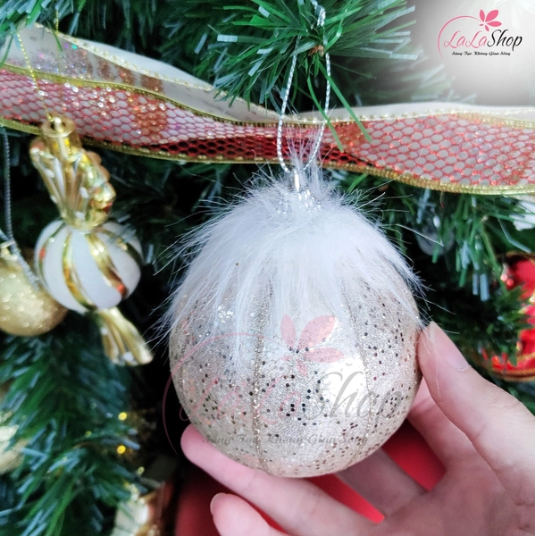 Hộp 3 quả châu vàng văn kim tuyến 8cm cao cấp trang trí cây thông noel