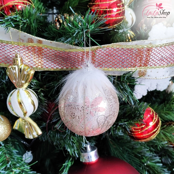 Hộp 3 quả châu vàng văn kim tuyến 8cm cao cấp trang trí cây thông noel