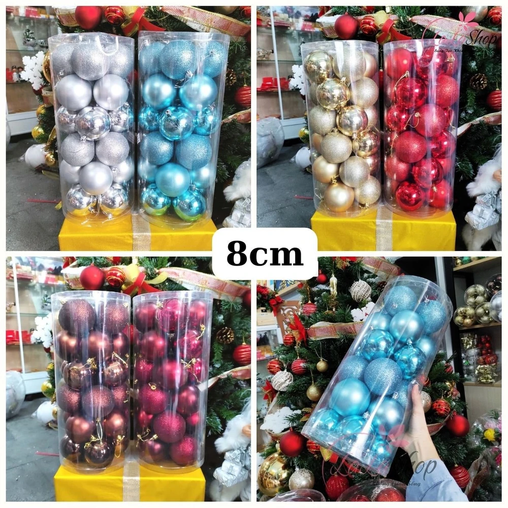 Hộp 24 quả châu 8cm 3 loại châu trang trí noel