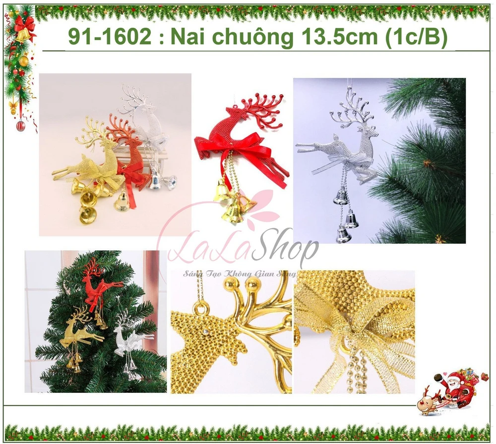Tuần lộc treo có nơ và chuông trang trí noel