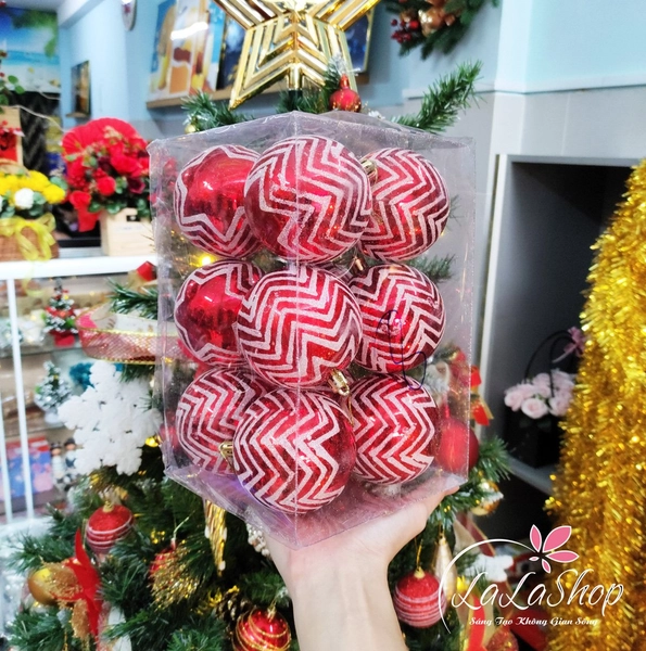 Hộp 12 quả châu kim tuyến 8cm họa tiết ngôi sao trắng cao cấp