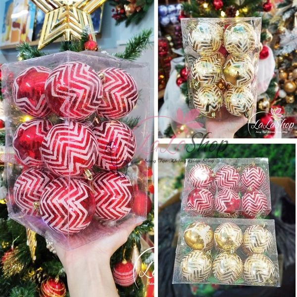 Hộp 12 quả châu kim tuyến 8cm họa tiết ngôi sao trắng cao cấp