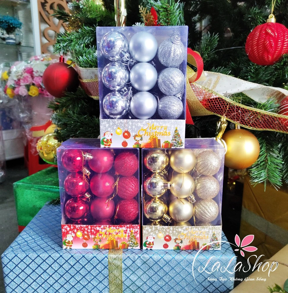 Hộp 24 Quả Châu 4cm 3 Loại Châu Trang Trí Noel