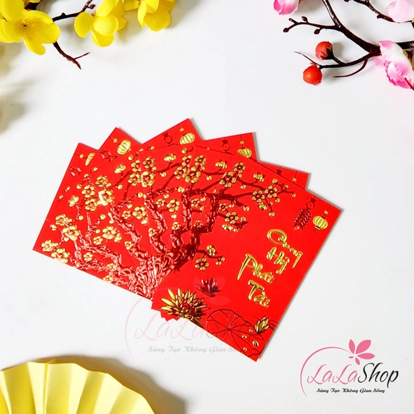 Combo 6 Bao Lì Xì Tết Quý Mão 2023 In Nổi 3D Màu Đỏ Hoa Mai Cung Hỷ Phát Tài