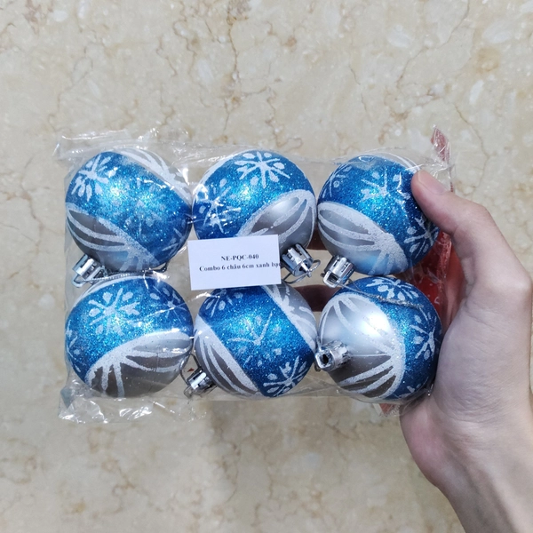 Combo 6 quả châu 6cm xanh bạc trang trí cây thông noel