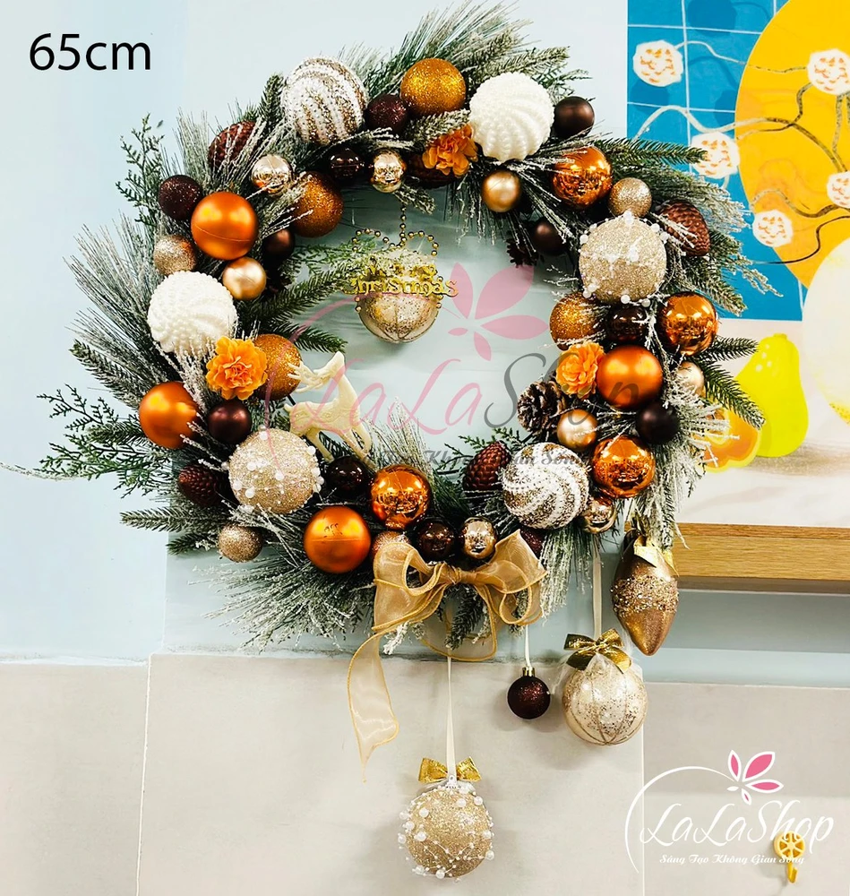 Vòng Nguyệt Quế Phủ Tuyết 65cm Sắc Cam Trang Trí Noel