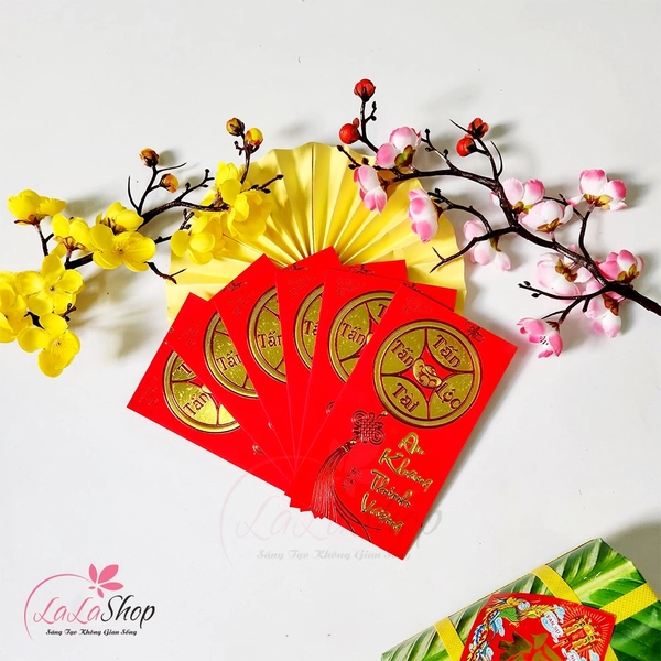 Combo 6 Bao Lì Xì In Nổi 3D Màu Đỏ Tấn Tài Tấn Lộc