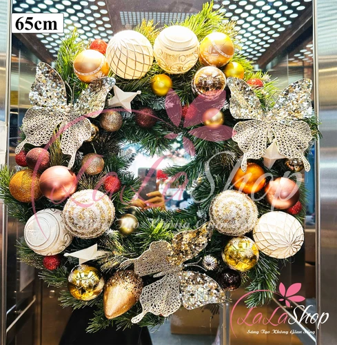 Vòng Nguyệt Quế Xanh 65cm Bướm Vàng Lấp Lánh Trang Trí Noel