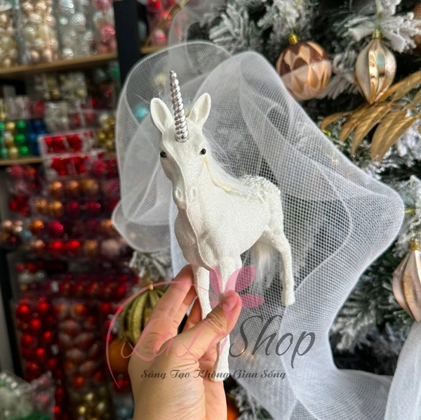 Mô hình kỳ lân trắng nhũ kim tuyến trang trí noel