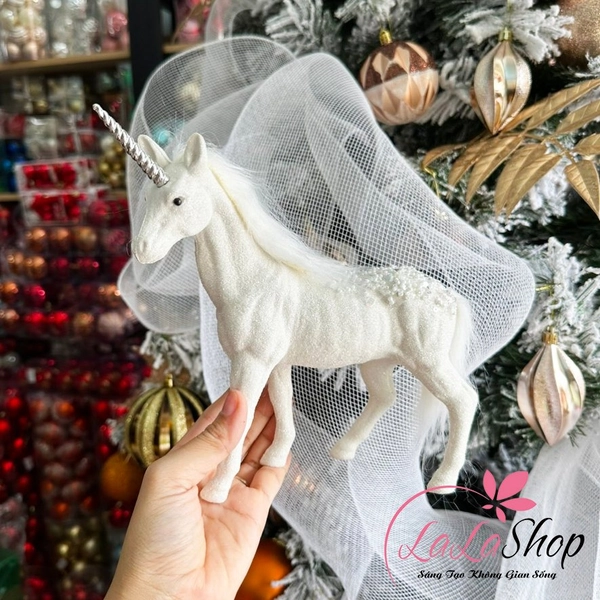 Mô hình kỳ lân trắng nhũ kim tuyến trang trí noel