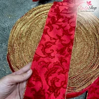 Cuộn Ruy Băng 10 Mét Màu Đỏ Hoa Văn Lá Nhung