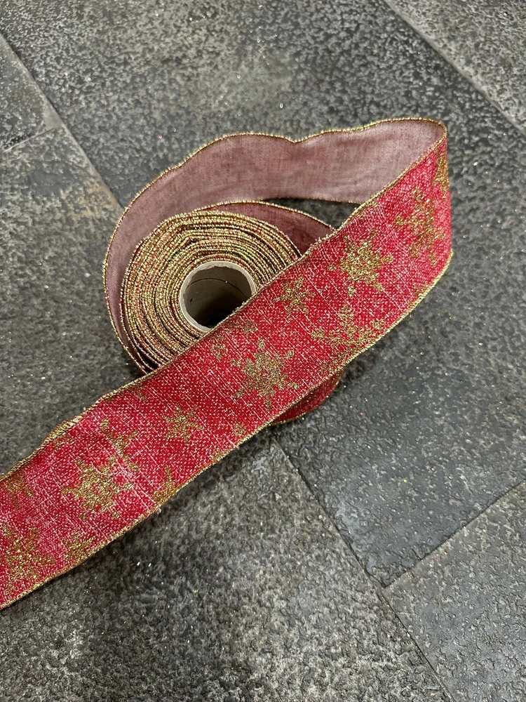 Cuộn Ruy Băng 10 Mét Màu Đỏ Hoạ Tiết Sao Vàng