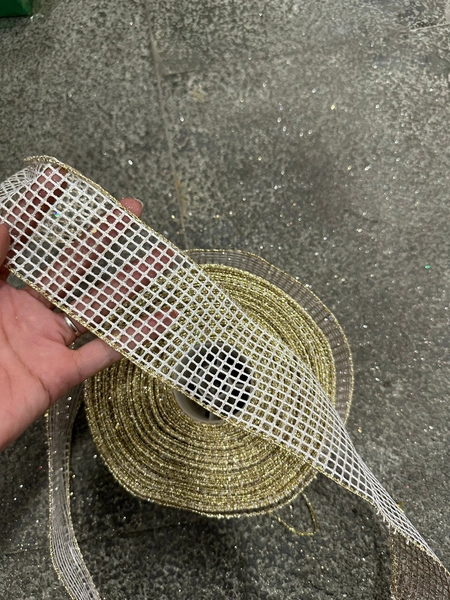 Cuộn Ruy Băng 10 Mét Màu Vàng Caro Kim Tuyến